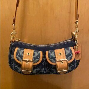 Coach Blue and Tan Crescent Shoulder Bag